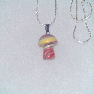 Psychedelic Boho Rainbow Calsilica Mushroom Sterling Silver Necklace 24”